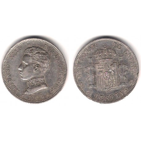 Alfonso XIII. 1905*(19-05). 2 Pesetas (EBC+) (Plata) Ceca de Madrid SM-V