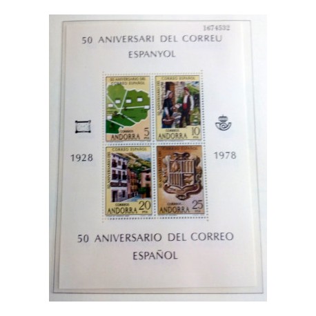 (102a-b-c-d) Andorra. 1978. Hoja Conmemorativa (Nuevo) 50 Aniv. Correo Español
