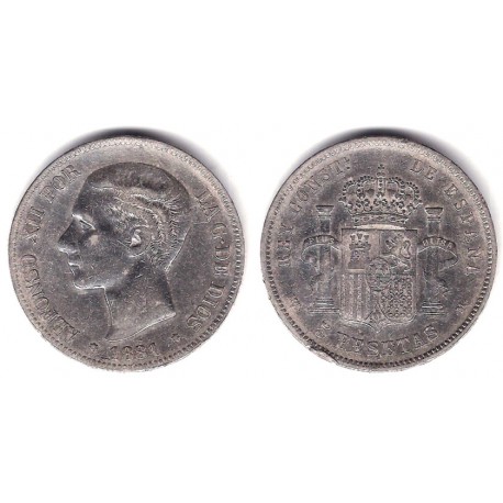 Alfonso XII. 1881*(18-81). 5 Pesetas (MBC-) (Plata) Ceca de Madrid MS-M