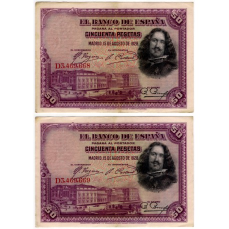 España. 1928. 50 Pesetas (x2) (MBC) Serie D. Pareja