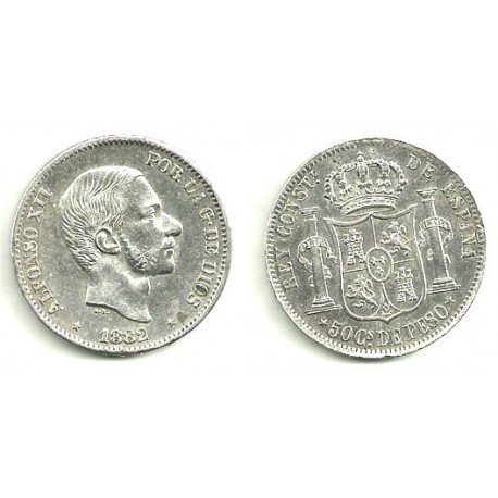Alfonso XII. 1882. 50 Centavos de Peso (MBC) (Plata) Ceca de Manila