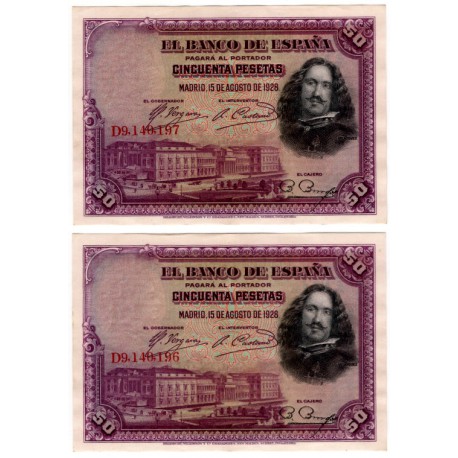 España. 1928. 50 Pesetas (x2) (EBC) Serie D. Pareja