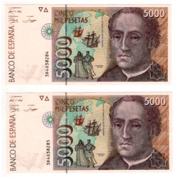 España. 1992. 5000 Pesetas (x2) (SC) Serie 3D. Pareja Correlativa