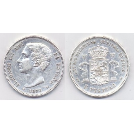 Alfonso XII. 1876*(18-76). 5 Pesetas (MBC) (Plata) Ceca de Madrid DE-M