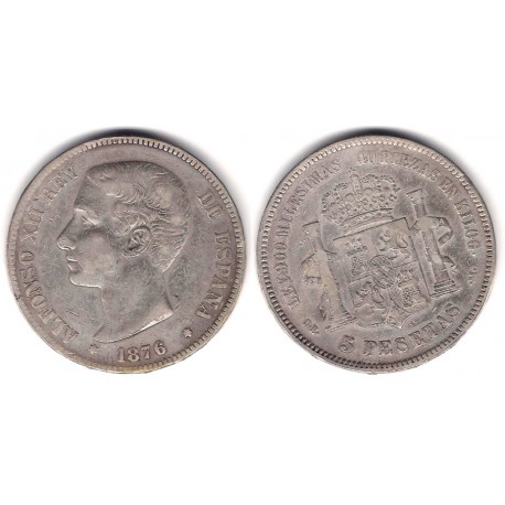 Alfonso XII. 1876*(---7-). 5 Pesetas (BC) (Plata) Ceca de Madrid DE-M. Variante