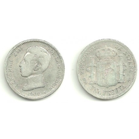 Alfonso XIII. 1905*(19-0-)1 Peseta (RC) (Plata) Ceca de Madrid SM-V