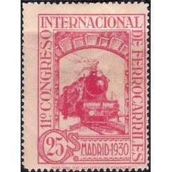 (475) 1930. 25 Céntimos. XI Congreso Ferrocarriles (Nuevo, con marca de fijasellos)