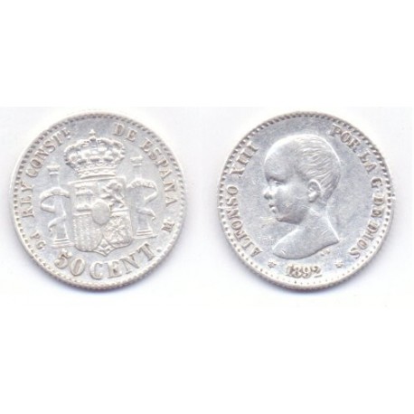 Alfonso XIII. 1892*(9-2). 50 Céntimos (MBC) (Plata) Ceca de Madrid PG-M