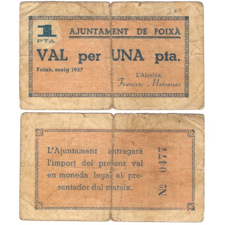 Foixà. 1937. 1 Peseta (BC) Roturas