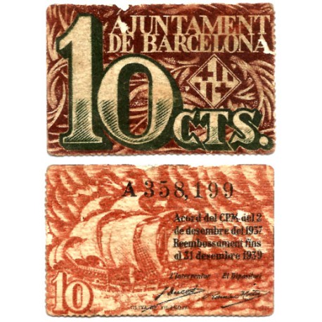 Barcelona. 1937. 10 Céntimos (MBC) Serie A. Leves Roturas