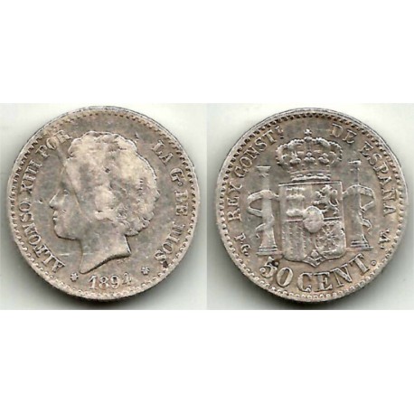 Alfonso XIII. 1894*(9-4). 50 Céntimos (BC-) (Plata) Ceca de Madrid PG-V