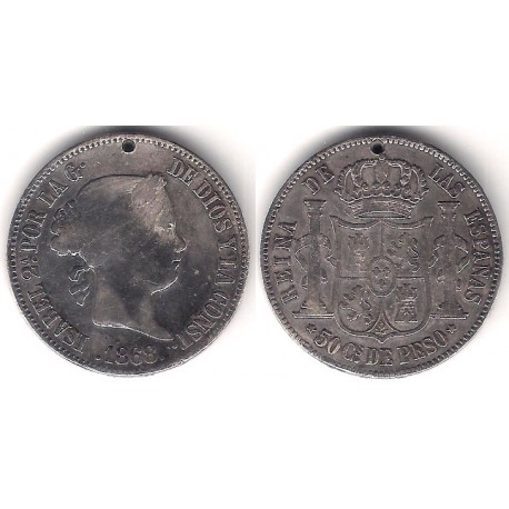 Isabel II. 1868. 50 Centavos de Peso (BC+) (Plata) Ceca de Manila