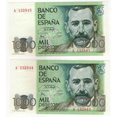 España. 1979. 1000 Pesetas (x2) (EBC+) Serie A. Pareja Correlativa