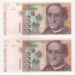 España. 1992. 5000 Pesetas (x2) (EBC) Serie 3N. Pareja correlativa