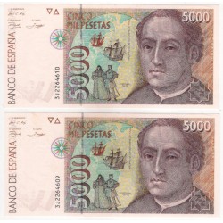España. 1992. 5000 Pesetas (x2) (EBC) Serie 3J. Pareja correlativa