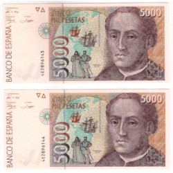 España. 1992. 5000 Pesetas (x2) (SC)  Serie 4E. Pareja correlativa
