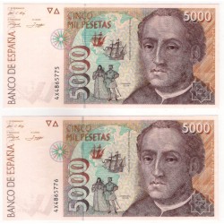 España. 1992. 5000 Pesetas (x2) (SC) Serie 4X. Pareja correlativa