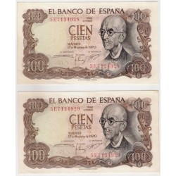 Estado Español. 1970. 100 Pesetas (x2) (EBC+) Serie 5E. Pareja Correlativa