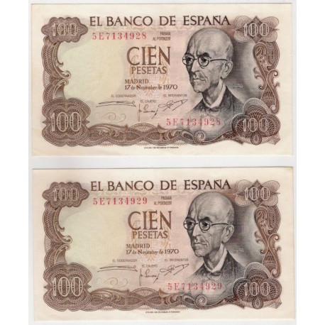 Estado Español. 1970. 100 Pesetas (x2) (EBC+) Serie 5E. Pareja Correlativa