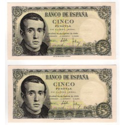 Estado Español. 1951. 5 Pesetas (x2) (EBC+) Serie 1D. Pareja Correlativa