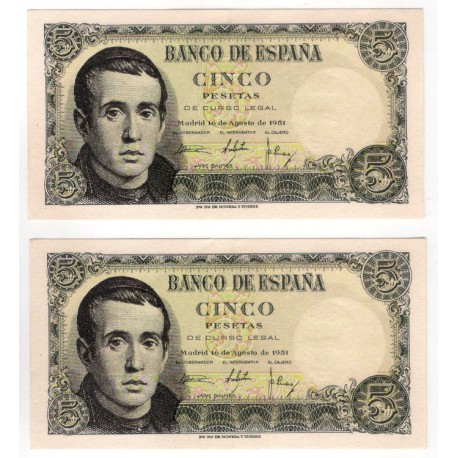 Estado Español. 1951. 5 Pesetas (x2) (EBC+) Serie 1D. Pareja Correlativa
