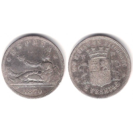 Gobierno Provisional. 1870*(1--73). 2 Pesetas (BC+) (Plata) Ceca de Madrid DE-M