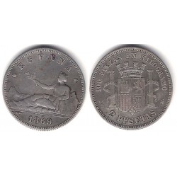 Gobierno Provisional. 1869*(1--69). 2 Pesetas (BC+) (Plata) Ceca de Madrid SN-M