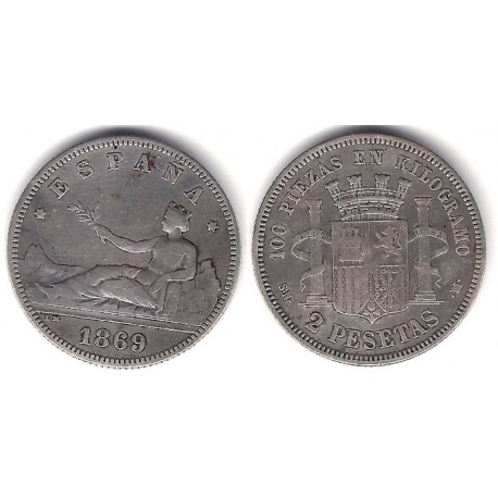 Gobierno Provisional. 1869*(1--69). 2 Pesetas (BC+) (Plata) Ceca de Madrid SN-M