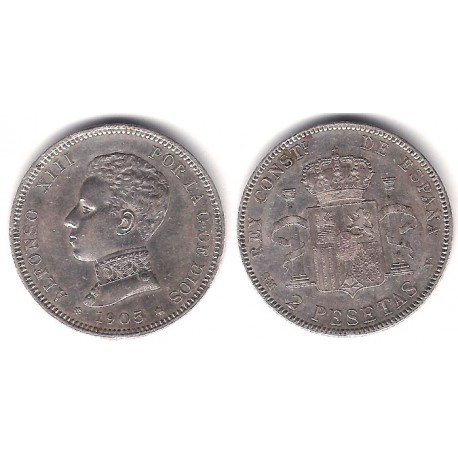 Alfonso XIII. 1905*(19-05). 2 Pesetas (EBC-) (Plata) Ceca de Madrid SM-V
