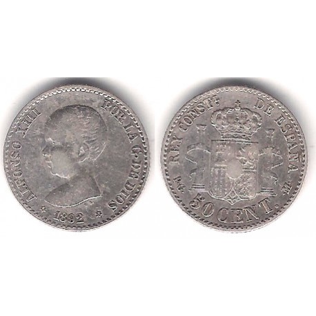 Alfonso XIII. 1892*(9-2). 50 Céntimos (MBC) (Plata) Ceca de Madrid PG-M