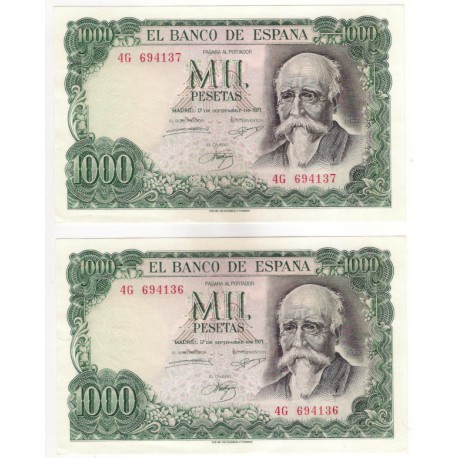 Estado Español. 1971. 1000 Pesetas (x2) (EBC+) Serie 4G. Pareja correlativa
