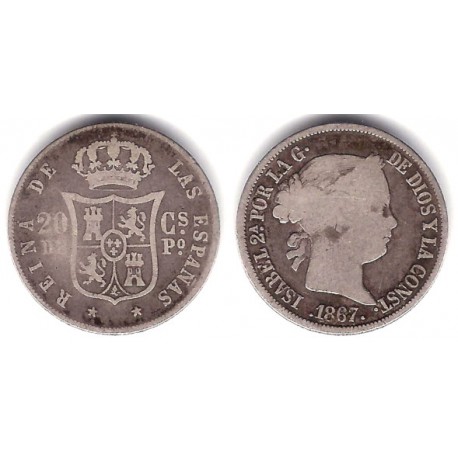 Isabel II. 1867. 20 Centavos de Peso (BC) (Plata) Ceca de Manila
