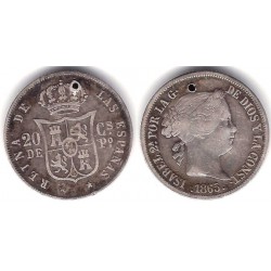Isabel II. 1865. 20 Centavos de Peso (BC) (Plata) Ceca de Manila. Agujereada