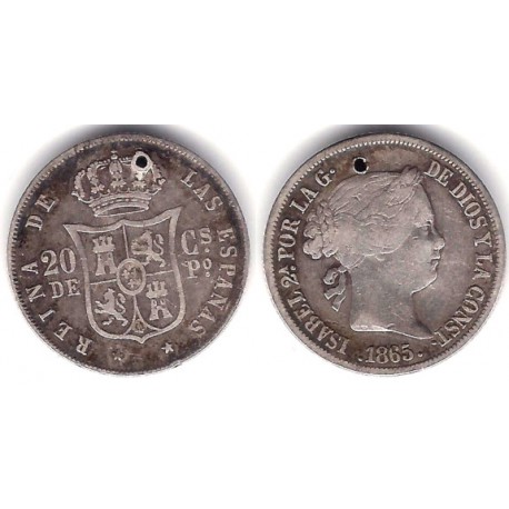 Isabel II. 1865. 20 Centavos de Peso (BC) (Plata) Ceca de Manila. Agujereada
