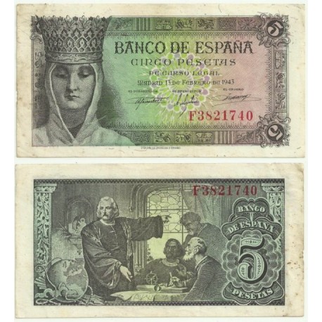 [1943] Billete de 5 Pesetas (MBC). Serie F.