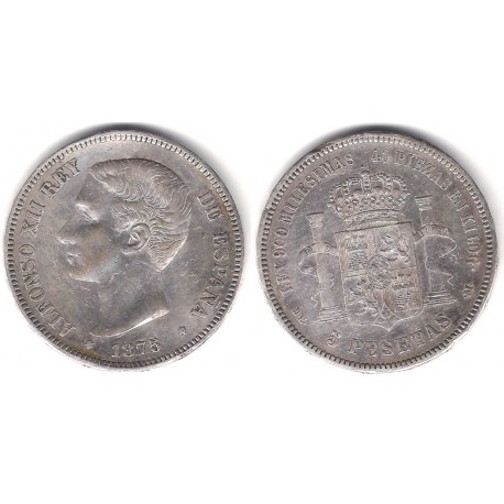 Alfonso XII. 1875*(---75). 5 Pesetas (BC) (Plata) Ceca de Madrid DE-M. Variante