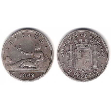 Gobierno Provisional. 1869*(18-69). 2 Pesetas (BC) (Plata) Ceca de Madrid SN-M