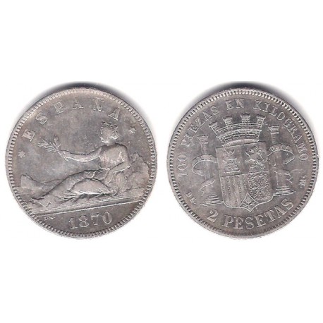 Gobierno Provisional. 1870*(18-74). 2 Pesetas (MBC-) (Plata) Ceca de Madrid DE-M