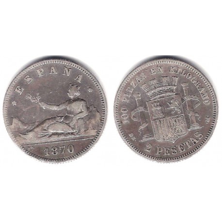 Gobierno Provisional. 1870*(18-73). 2 Pesetas (MBC-) (Plata) Ceca de Madrid DE-M
