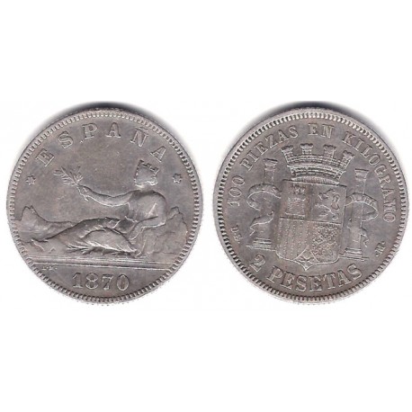 Gobierno Provisional. 1870*(18-74). 2 Pesetas (MBC-) (Plata) Ceca de Madrid DE-M