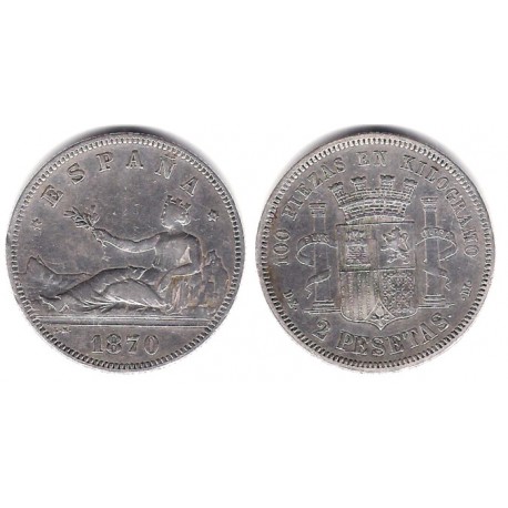 Gobierno Provisional. 1870*(18-74). 2 Pesetas (MBC-) (Plata) Ceca de Madrid DE-M