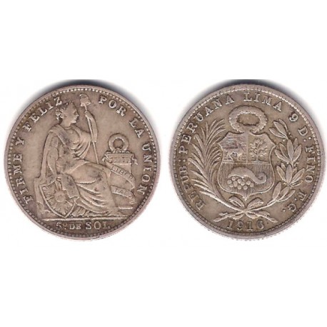 (205.2) Perú. 1916. 1/5 Sol (MBC) (Plata)
