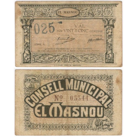 El Masnou. 1937. 25 Céntimos (BC+) Serie A