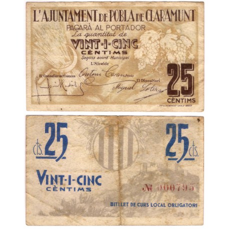 Pobla de Claramunt. 1937. 25 Céntimos (MBC-)