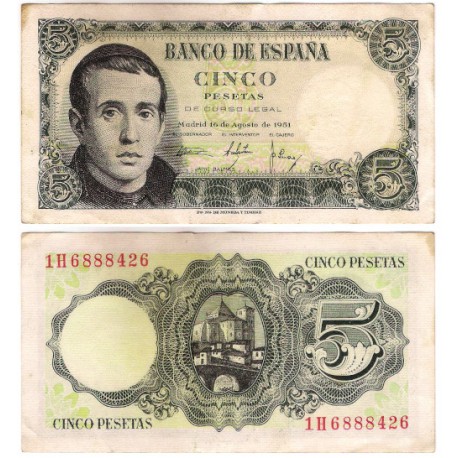 Estado Español. 1951. 5 Pesetas (MBC) Serie 1H. Manchas