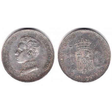 Alfonso XIII. 1905*(19-05). 2 Pesetas (SC-) (Plata) Ceca de Madrid SM-V