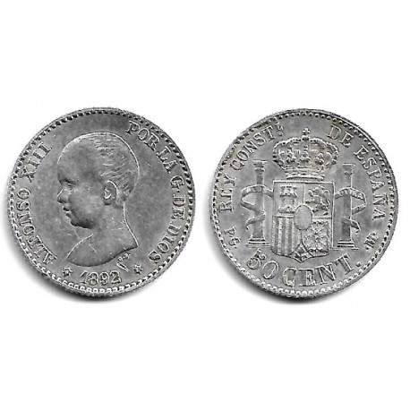 Alfonso XIII. 1892*(9-2). 50 Céntimos (MBC+) (Plata) Ceca de Madrid PG-M