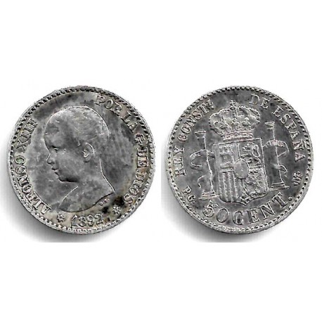 Alfonso XIII. 1892*(9-2). 50 Céntimos (MBC/MBC-) (Plata) Ceca de Madrid PG-M