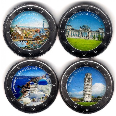 Europa. Sin Fecha. 2 Euro (x4) (SC) Parc Güell, Torre di Pisa, Reichstag Berlin, Santorini