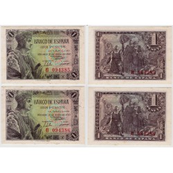 Estado Español. 1943. 1 Pesetas (x2) (SC) Serie B. Pequeñas manchas. Pareja Correlativa